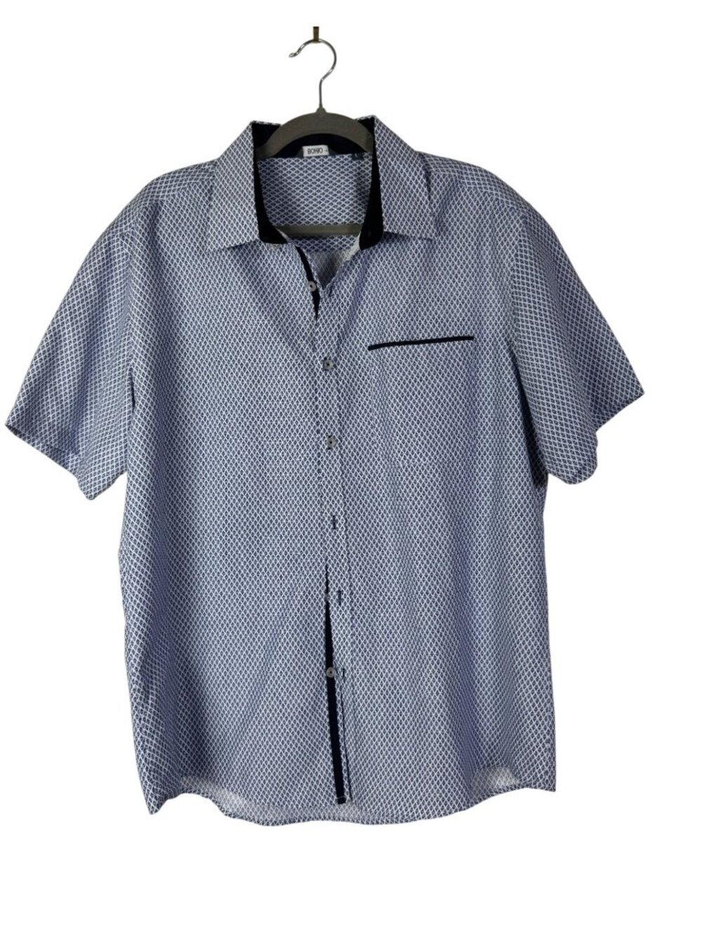 Mens Bohio Blue Diamond Check Short Sleeve Button Up Shirt Size Large Performanc